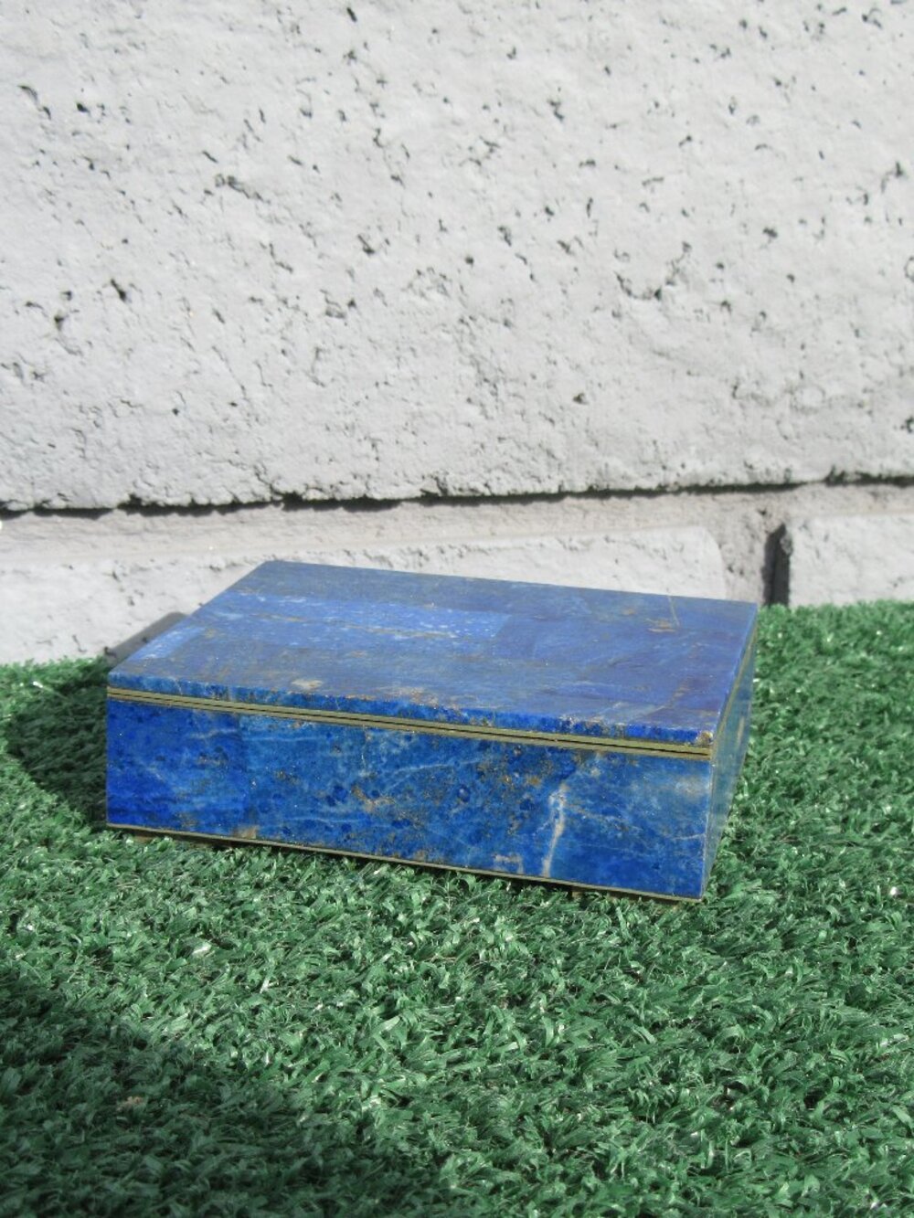 Vintage Lapis Lazuli Blue Stone Metal Hinged Trinket Jewelry Box
